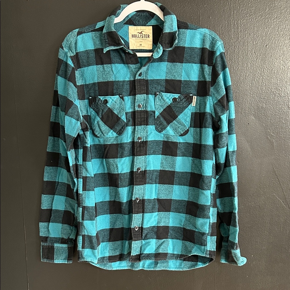 Hollister Men's Teal and Black Plaid Shirt Size M